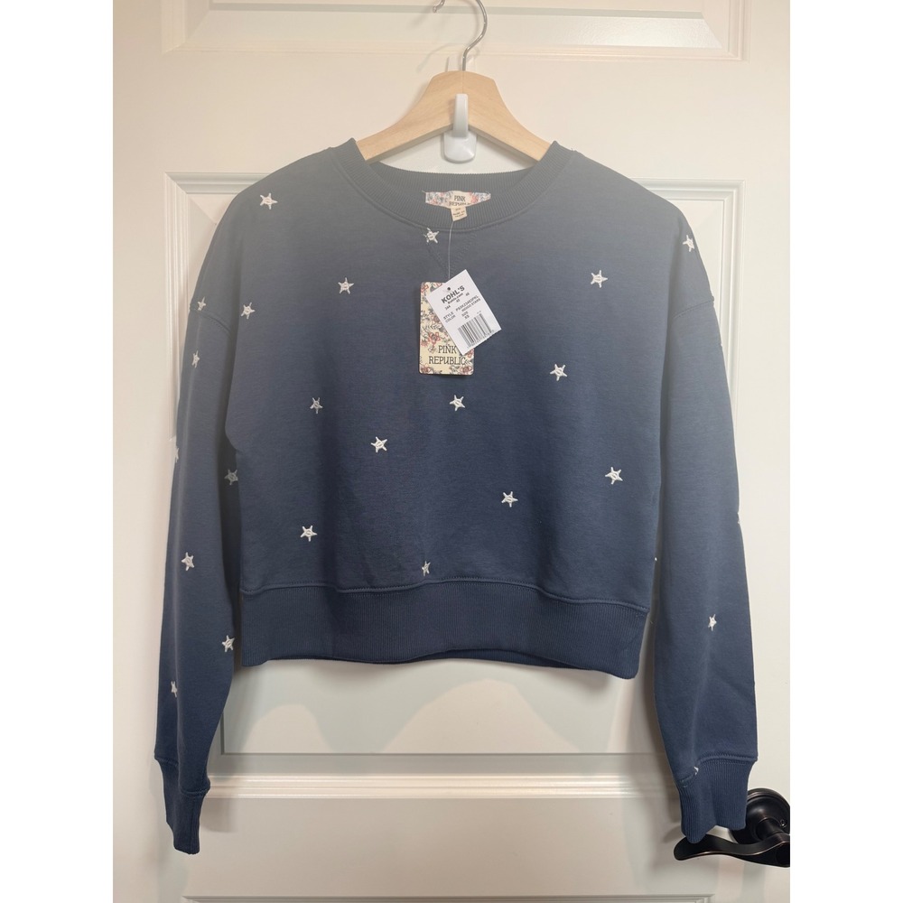 Pink Republic Womens Indigo Stars Embroidered Cropped Sweatshirt Blue XS NWT